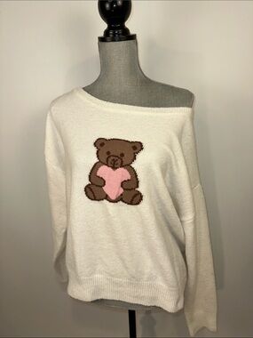 Ultra Flirt Cozy White Teddy Bear Sweater with Pink Heart